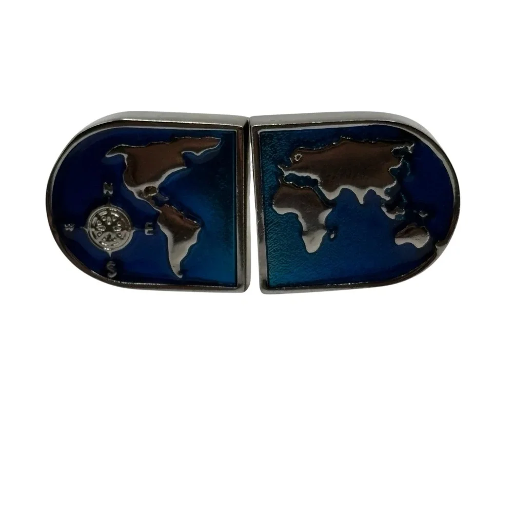 World Map Cufflinks Blue Enamel Silver‎ Tone Bullet Back Globe Navigation Travel